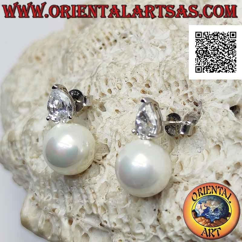 Silberne Lobe-Ohrringe mit weißer Perle und weißem Tropfen-Zirkon-Set