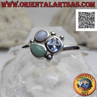 Pulsera rígida lisa de plata 925 ‰ con trío de piedras centrales (jade, calcedonia y topacio)