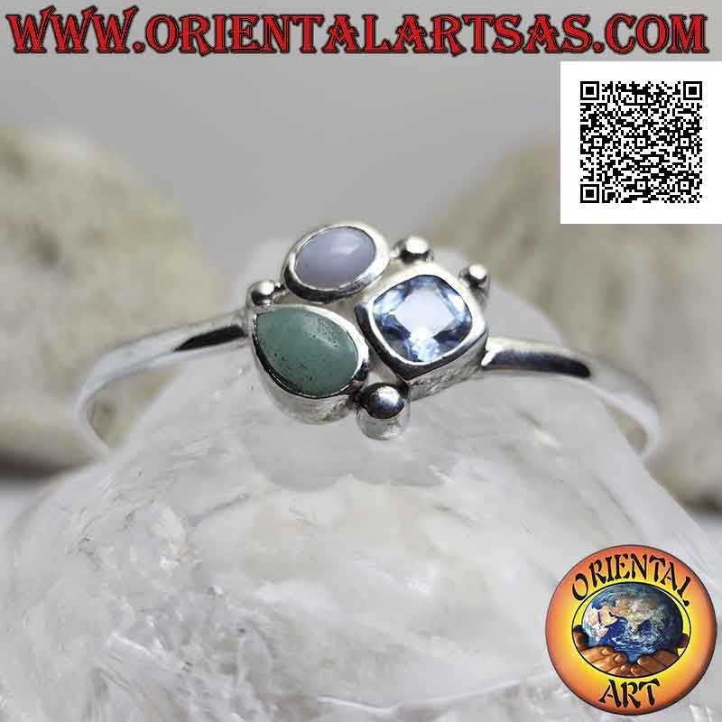 Bracciale rigido in argento 925‰ liscio con tris di pietre centrali (giada,calcedonio e topazio)