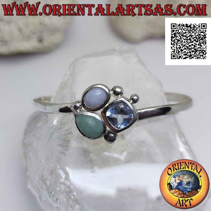 Bracelet rigide en argent 925 ‰ lisse avec trio de pierres centrales (jade, calcédoine et topaze)