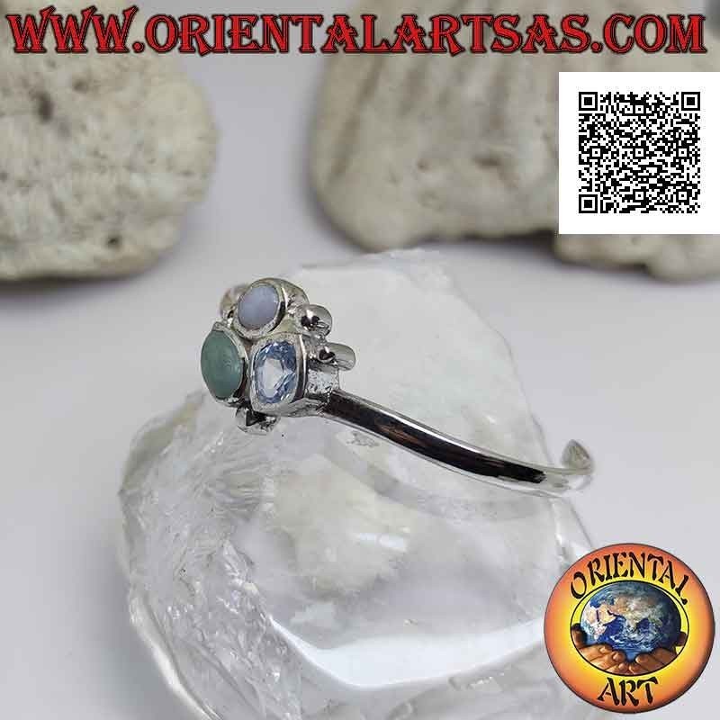 Pulsera rígida lisa de plata 925 ‰ con trío de piedras centrales (jade, calcedonia y topacio)