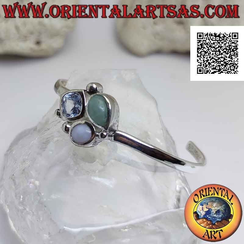 Smooth 925 ‰ silver rigid bracelet with trio of central stones (jade, chalcedony and topaz)
