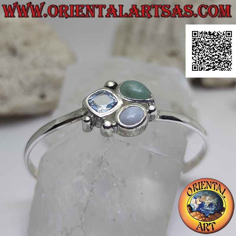 Pulsera rígida lisa de plata 925 ‰ con trío de piedras centrales (jade, calcedonia y topacio)