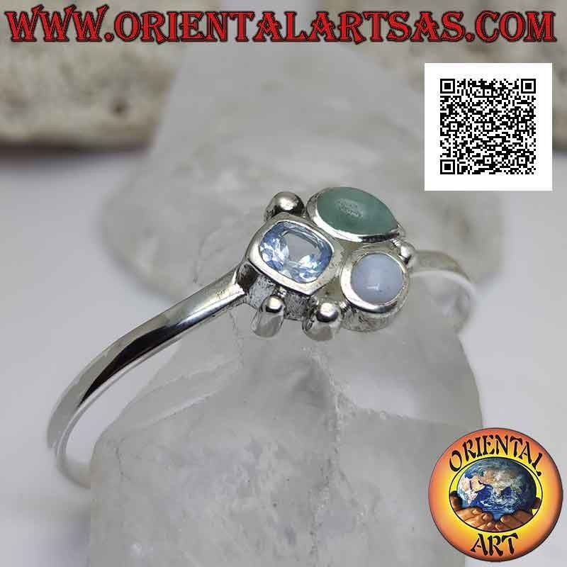 Bracelet rigide en argent 925 ‰ lisse avec trio de pierres centrales (jade, calcédoine et topaze)