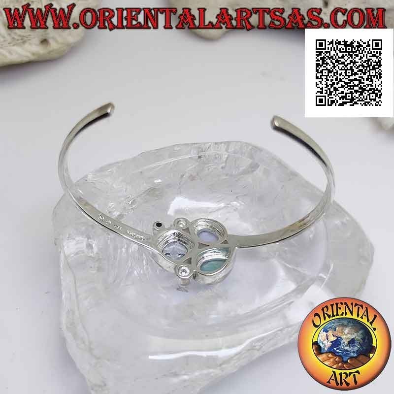 Smooth 925 ‰ silver rigid bracelet with trio of central stones (jade, chalcedony and topaz)