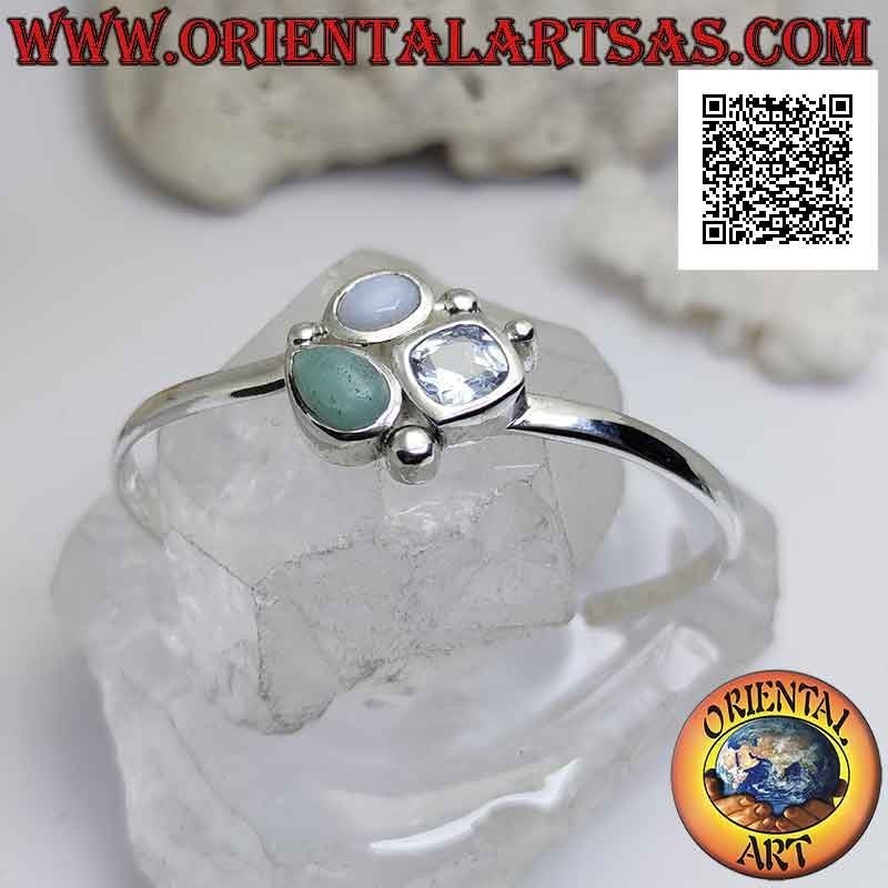 Glattes 925 ‰ silbernes starres Armband mit Trio aus zentralen Steinen (Jade, Chalcedon und Topas)