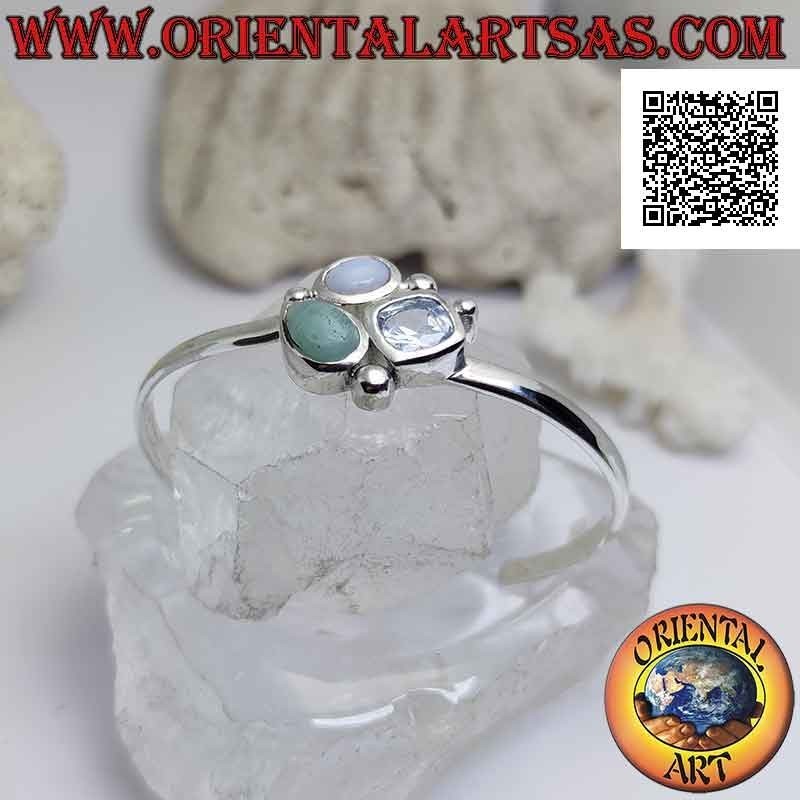 Bracelet rigide en argent 925 ‰ lisse avec trio de pierres centrales (jade, calcédoine et topaze)