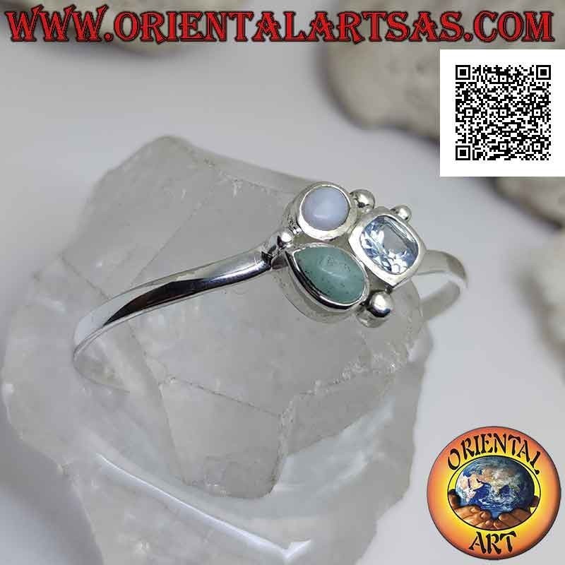 Glattes 925 ‰ silbernes starres Armband mit Trio aus zentralen Steinen (Jade, Chalcedon und Topas)