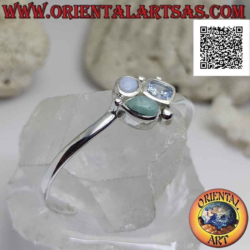 Bracelet rigide en argent 925 ‰ lisse avec trio de pierres centrales (jade, calcédoine et topaze)