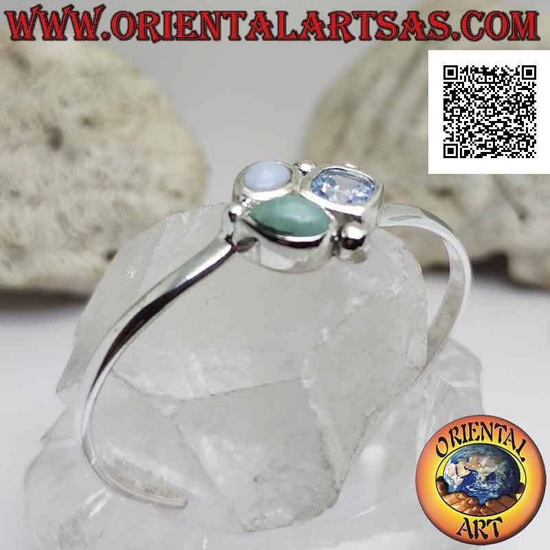 Pulsera rígida lisa de plata 925 ‰ con trío de piedras centrales (jade, calcedonia y topacio)