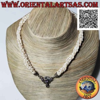 Collar de plata 925 ‰ con 5 hileras de perlas de agua dulce y cierre tachonado de marcasita y amatista