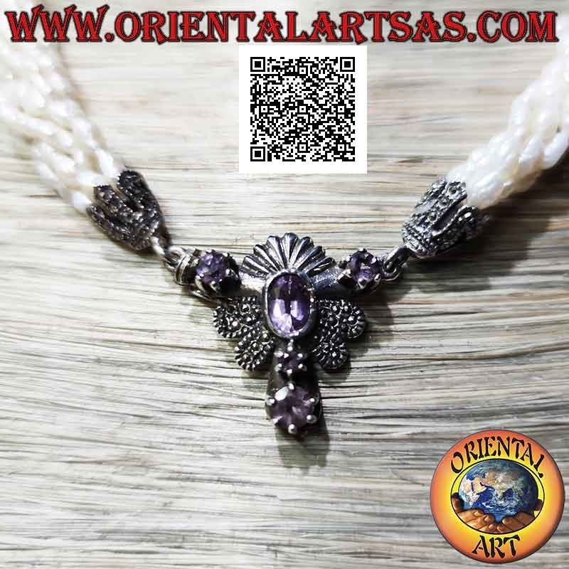 925 ‰ silver necklace with 5 rows of freshwater pearls and clasp studded with marcasite and amethyst