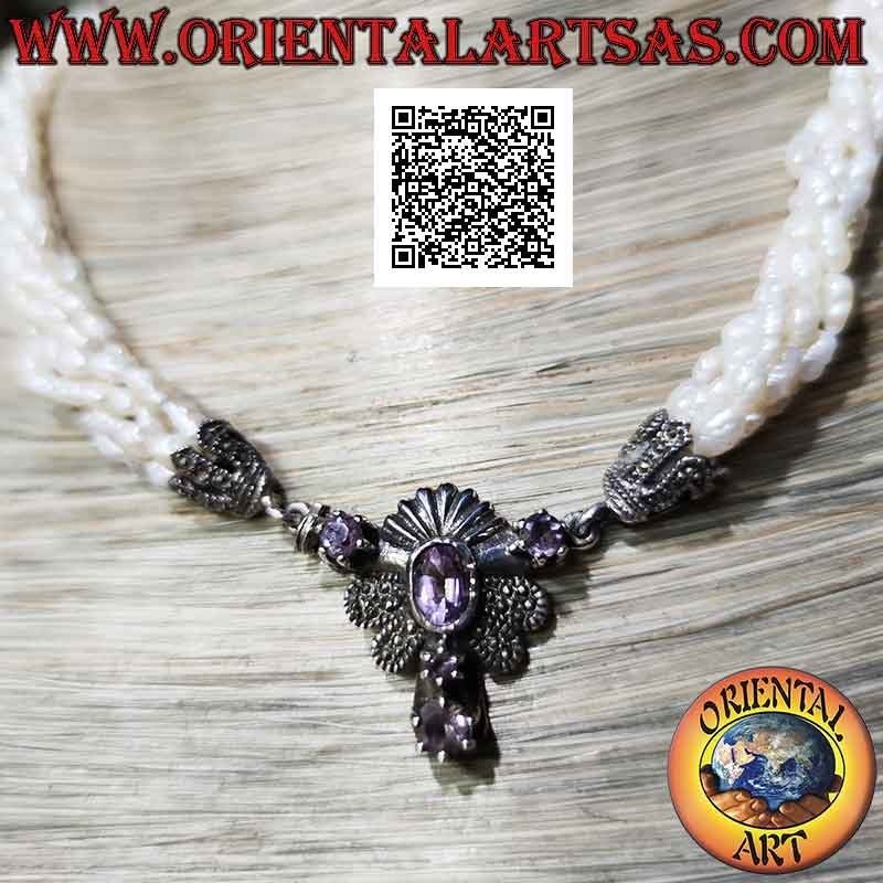 925 ‰ silver necklace with 5 rows of freshwater pearls and clasp studded with marcasite and amethyst