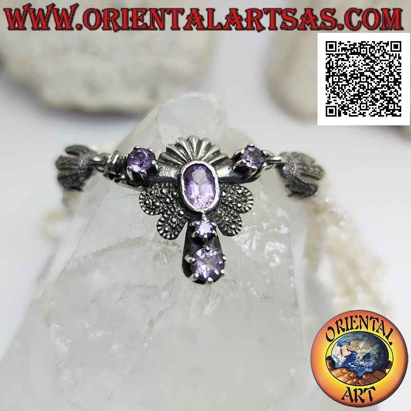 Collar de plata 925 ‰ con 5 hileras de perlas de agua dulce y cierre tachonado de marcasita y amatista