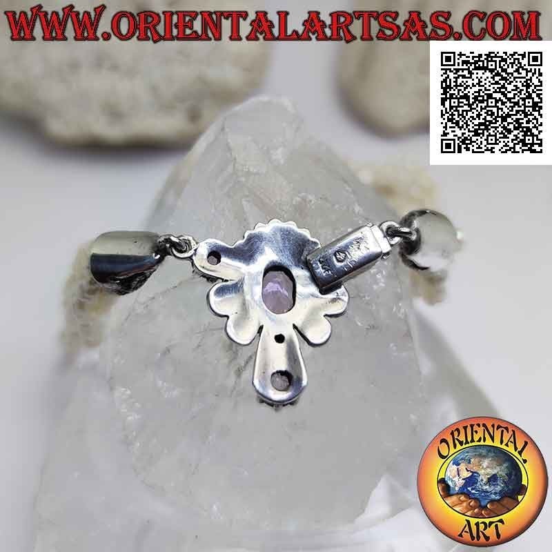 925 ‰ silver necklace with 5 rows of freshwater pearls and clasp studded with marcasite and amethyst