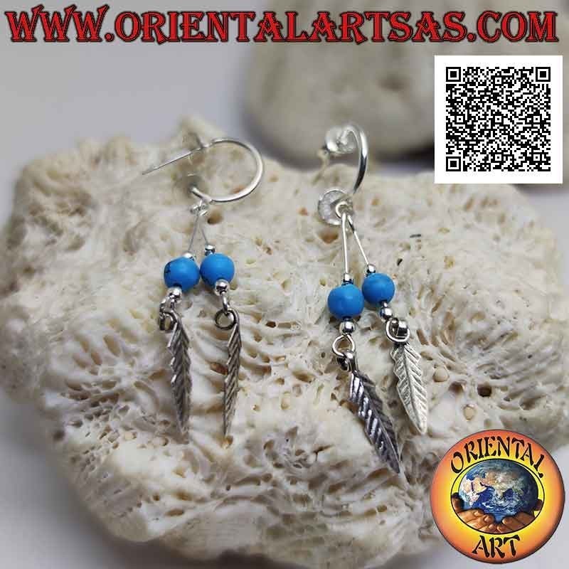 Faux silver smooth circle earrings (butterfly clasp) and turquoise bead and feather pendants