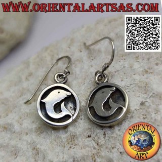 Pendientes de gancho redondos de plata con delfín en bajorrelieve