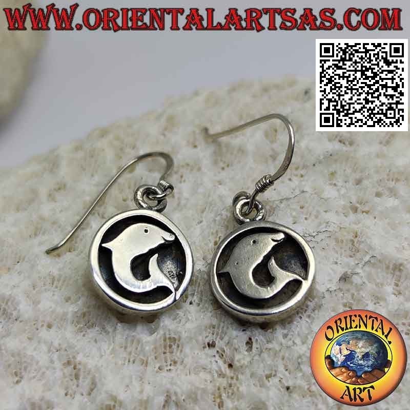 Round hook silver earrings with dolphin in bas-relief