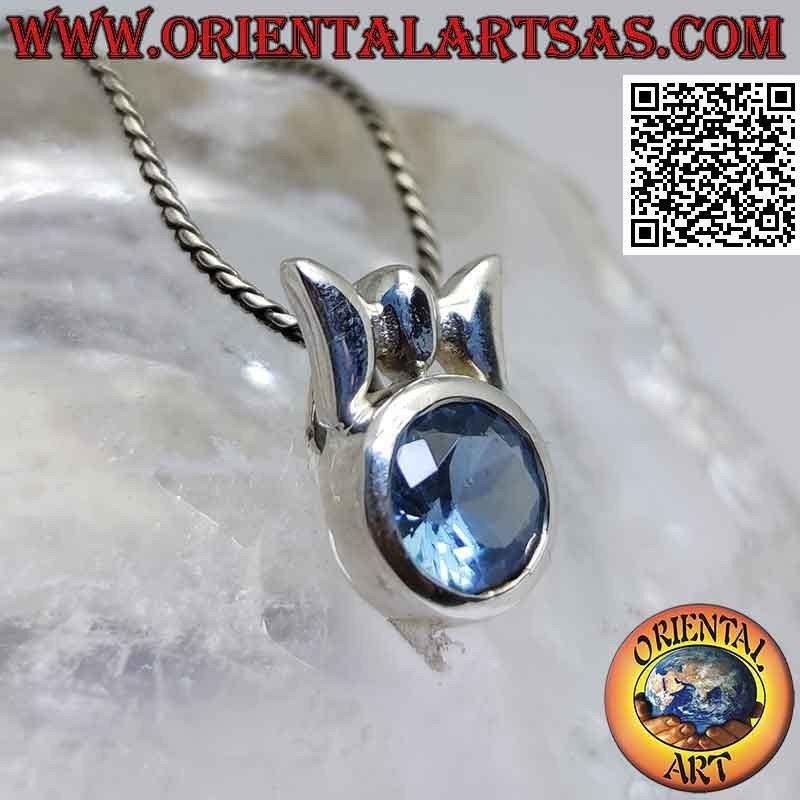 Ciondolo in argento con topazio azzurro tondo sfaccettato con gancio triplo liscio