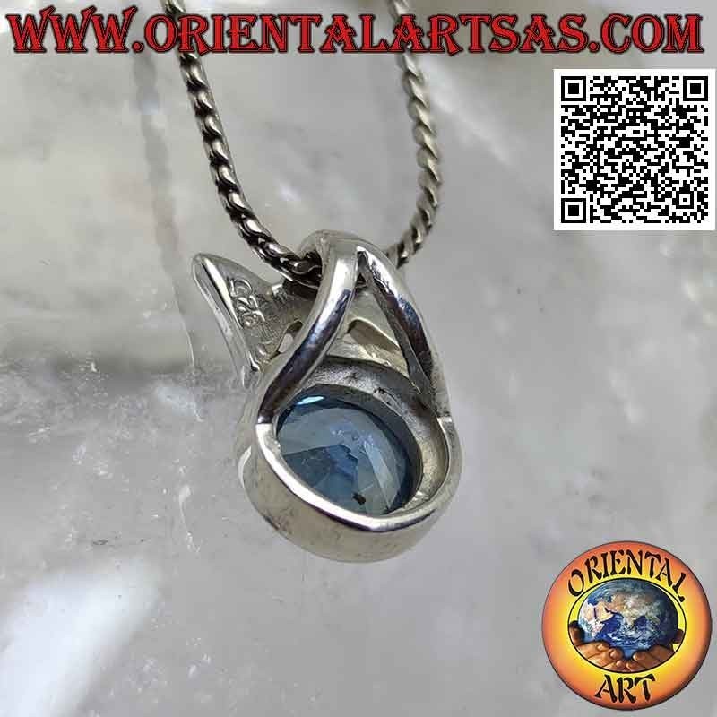 Ciondolo in argento con topazio azzurro tondo sfaccettato con gancio triplo liscio