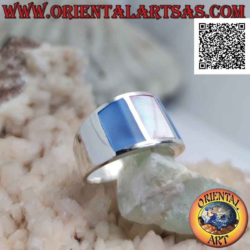 Anillo de plata con banda lisa con tres nácar multicolor engastados en el alambre (5)