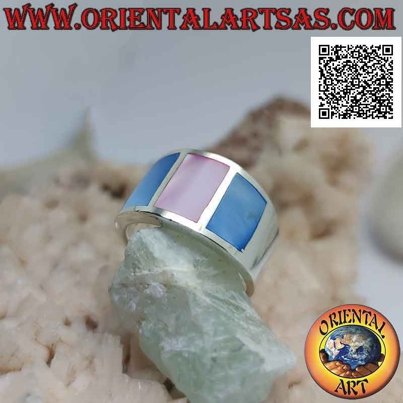 Silver ring with smooth band with three multicolor mother-of-pearls set in the wire (5)