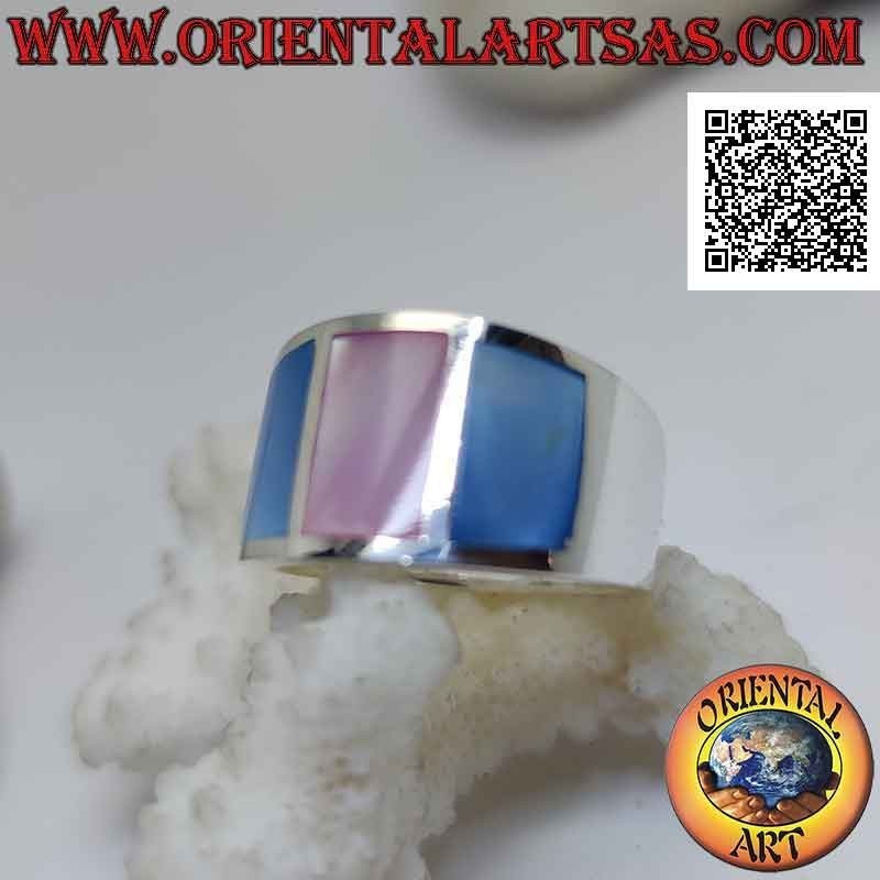 Anillo de plata con banda lisa con tres nácar multicolor engastados en el alambre (5)