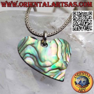 Pendentif en argent, coeur plat lisse superposé à un d'ormeau