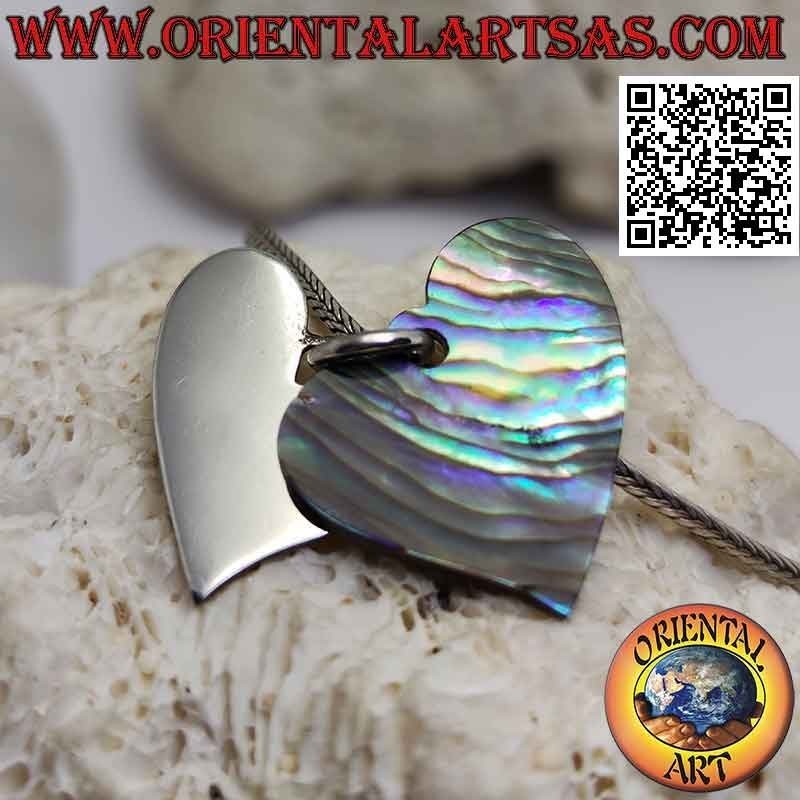 Ciondolo in argento, cuore liscio piatto sovrapposto ad uno di abalone