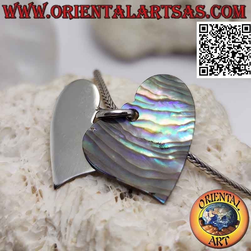 Pendentif en argent, coeur plat lisse superposé à un d'ormeau