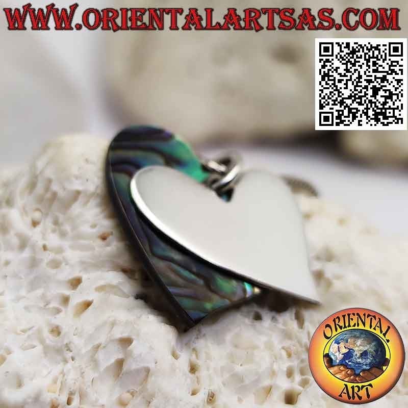 Colgante de plata, corazón plano liso superpuesto a uno de abulón