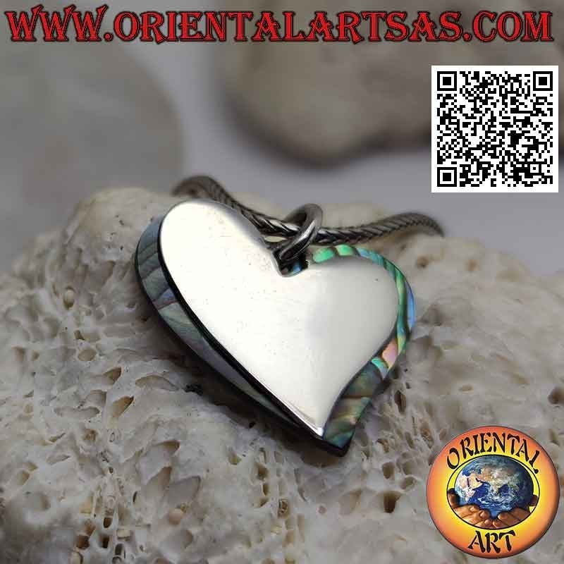 Silver pendant, smooth flat heart superimposed on one of abalone