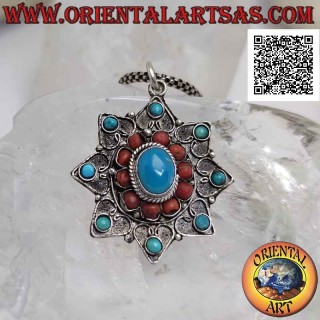 Colgante de plata, estrella de ocho puntas con turquesas y corales tibetanos antiguos y decoración de filigrana