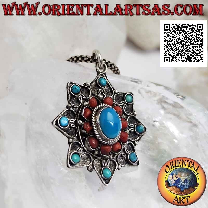 Colgante de plata, estrella de ocho puntas con turquesas y corales tibetanos antiguos y decoración de filigrana