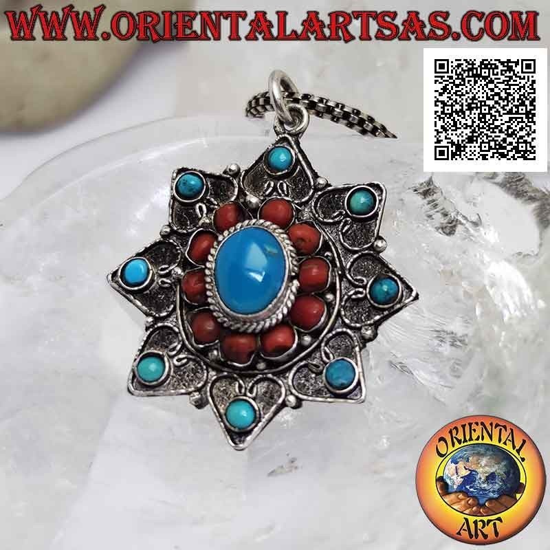 Ciondolo in argento, stella a otto punte con turchesi e coralli antichi tibetani e decorazione a filigrana