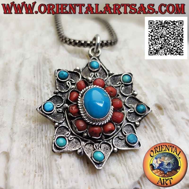 Ciondolo in argento, stella a otto punte con turchesi e coralli antichi tibetani e decorazione a filigrana