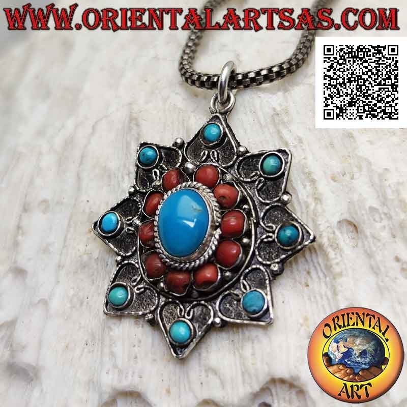 Colgante de plata, estrella de ocho puntas con turquesas y corales tibetanos antiguos y decoración de filigrana
