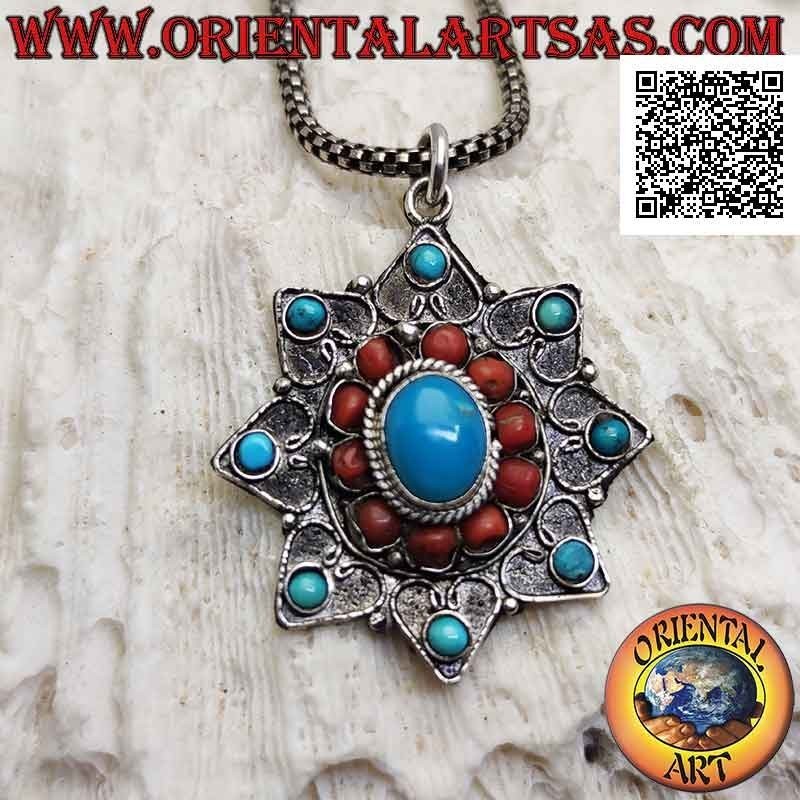 Ciondolo in argento, stella a otto punte con turchesi e coralli antichi tibetani e decorazione a filigrana