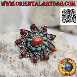 Antique silver brooch, nine-pointed star with ancient Tibetan turquoise and coral and filigree decoration