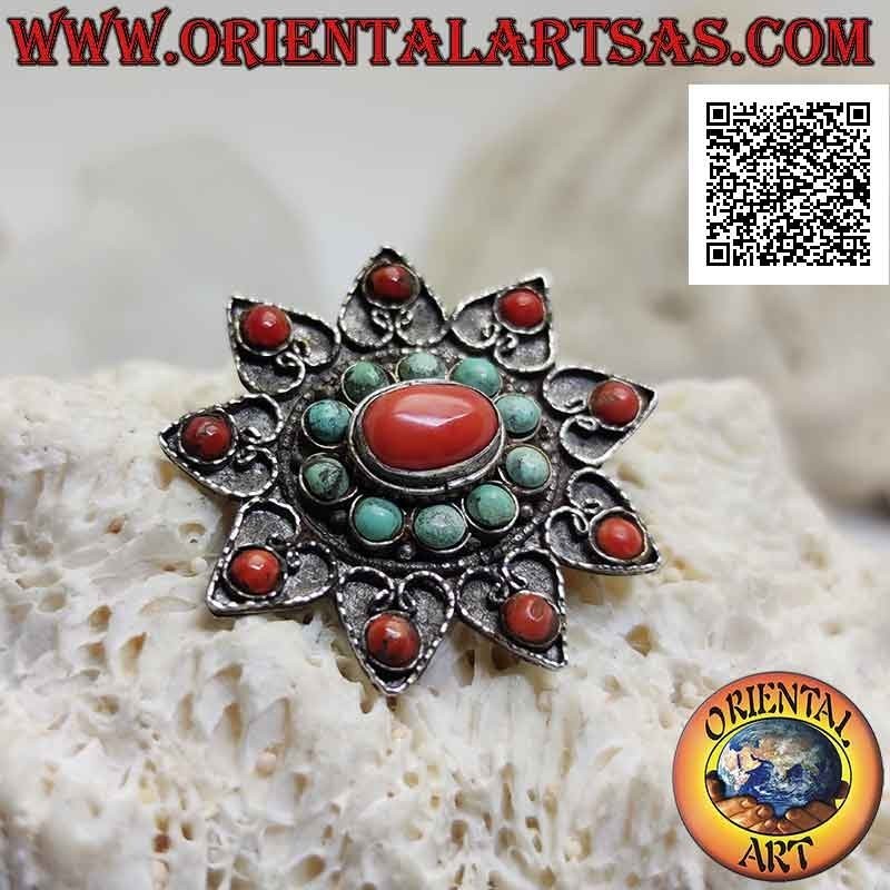 Antique silver brooch, nine-pointed star with ancient Tibetan turquoise and coral and filigree decoration