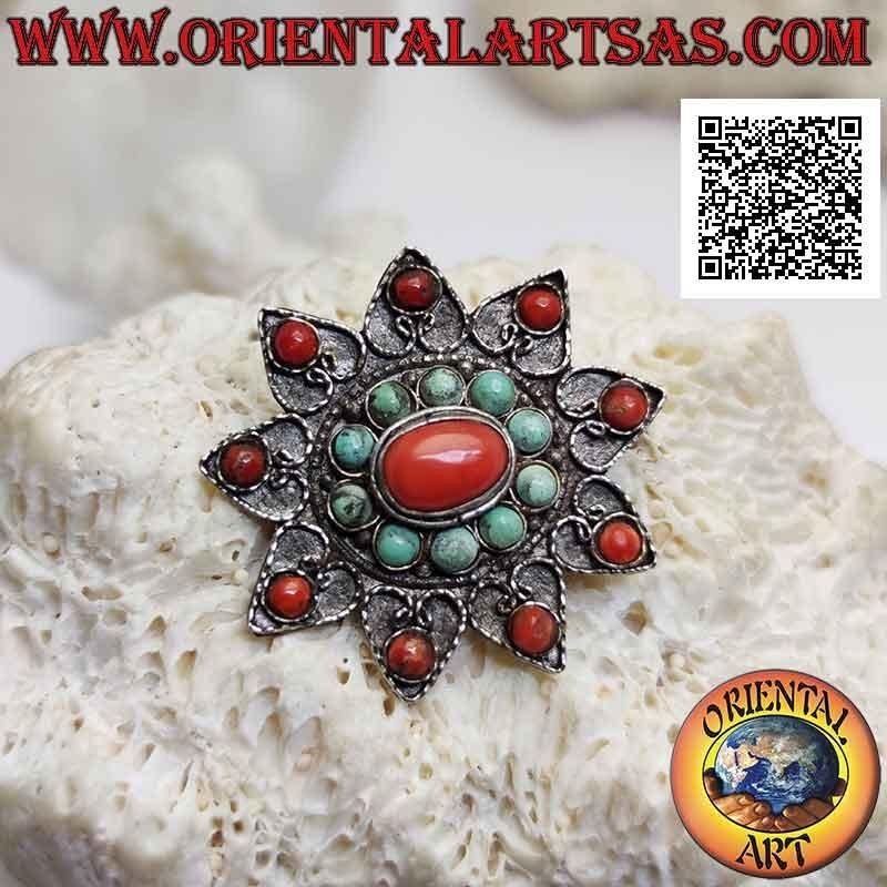 Broche ancienne en argent, étoile à neuf branches avec décoration antique tibétaine turquoise et corail et filigrane