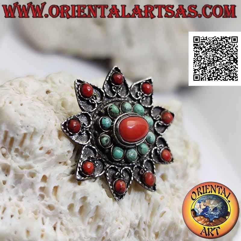 Spilla in argento antica, stella a nove punte con turchesi e coralli antichi tibetani e decorazione a filigrana