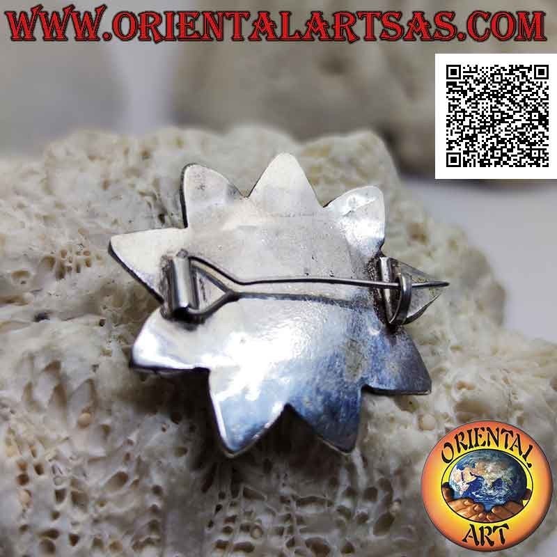 Antique silver brooch, nine-pointed star with ancient Tibetan turquoise and coral and filigree decoration