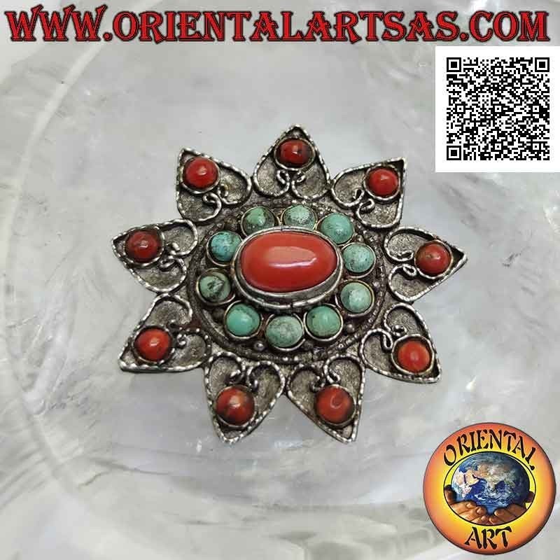 Broche ancienne en argent, étoile à neuf branches avec décoration antique tibétaine turquoise et corail et filigrane