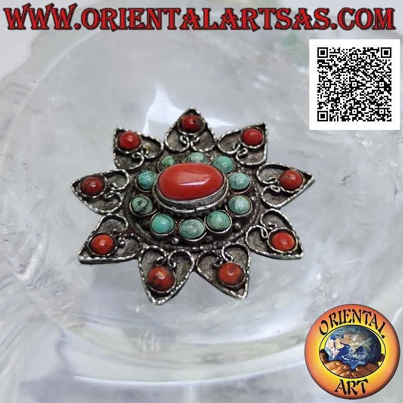 Antique silver brooch, nine-pointed star with ancient Tibetan turquoise and coral and filigree decoration