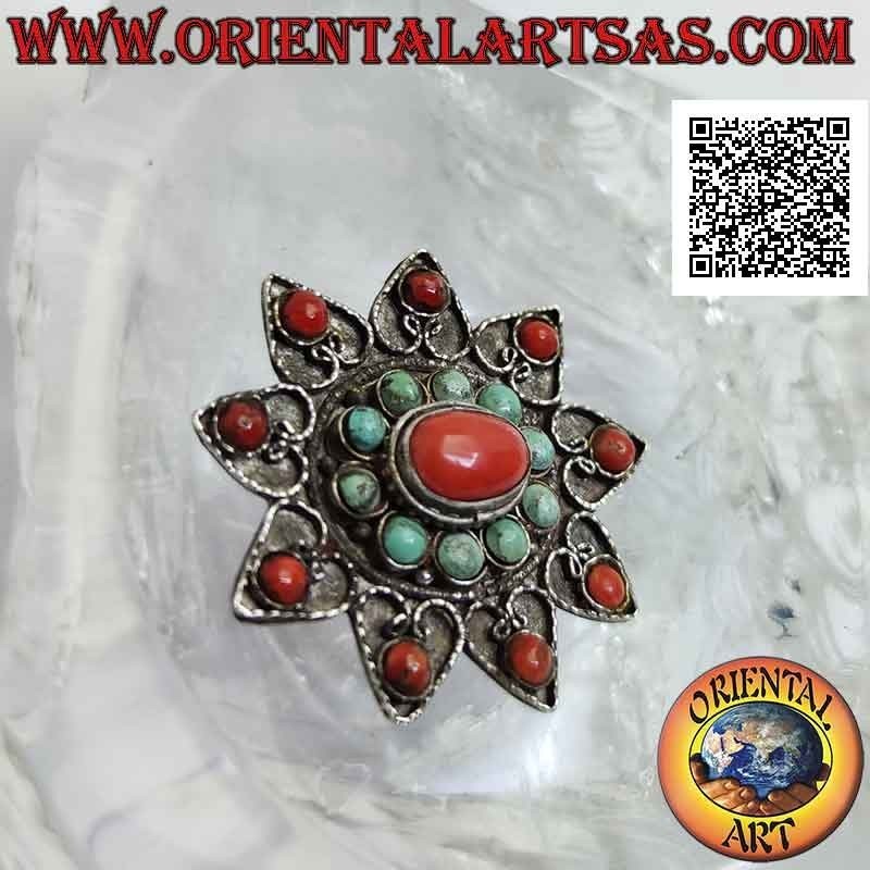 Broche de plata antigua, estrella de nueve puntas con decoración de filigrana y turquesa tibetana antigua y coral