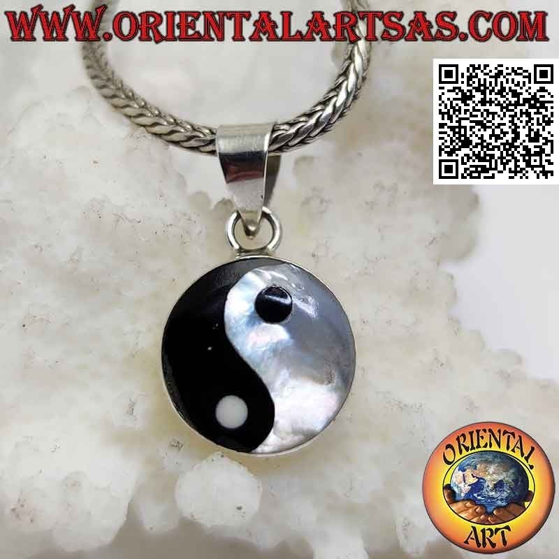 Colgante de plata "Tao" yin yang con nácar y ónix 12 mm Ø