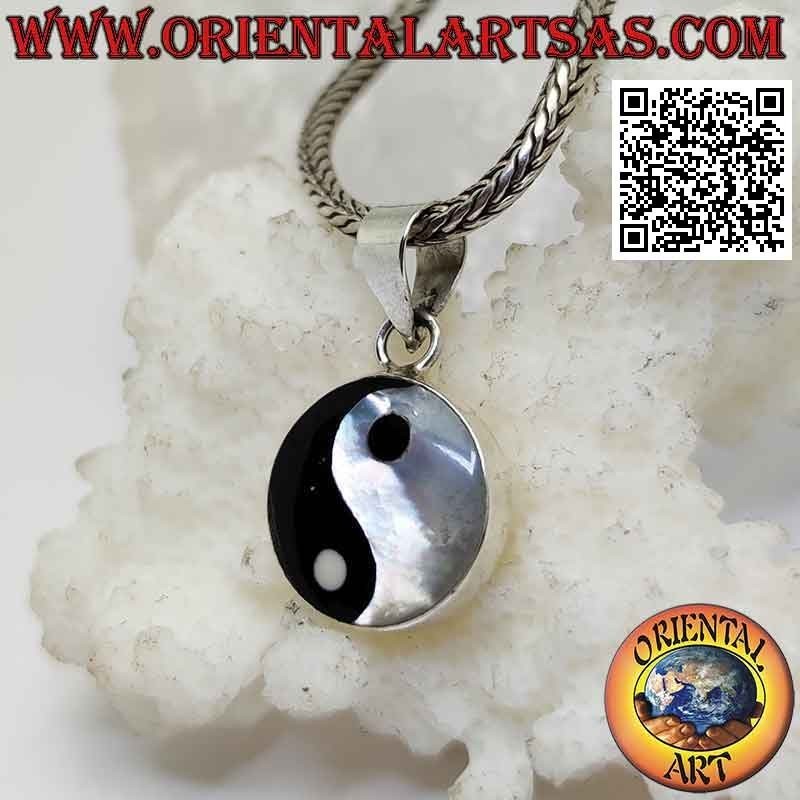 "Tao" Yin Yang Silberanhänger mit Perlmutt und Onyx 12 mm Ø
