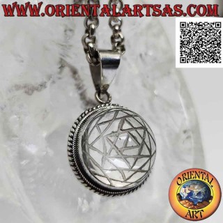 Silver pendant with Sri Yantra engraved on round cabochon rock crystal and smooth band and double weave