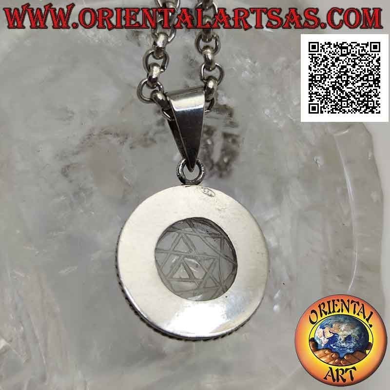 Silver pendant with Sri Yantra engraved on round cabochon rock crystal and smooth band and double weave
